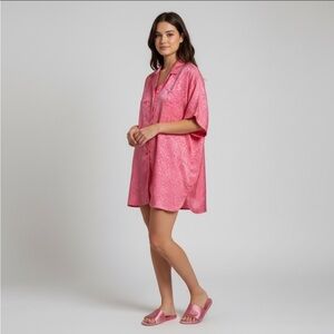 Victoria Secret Vintage Gold Label Pink Satin Brocade Button Sleep Shirt Dress